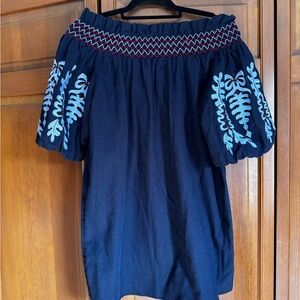 Rebecca Taylor Navy Off-the-Shoulder Embroidered Puff Sleeve Tunic
